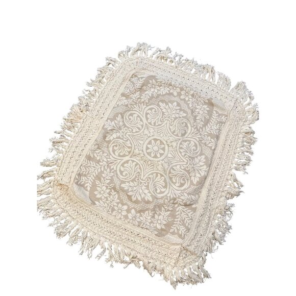 VTG Beige Floral Jacquard Throw Blanket with Fringe | 21.5" x 35" Accent Cover - Picture 2 of 8